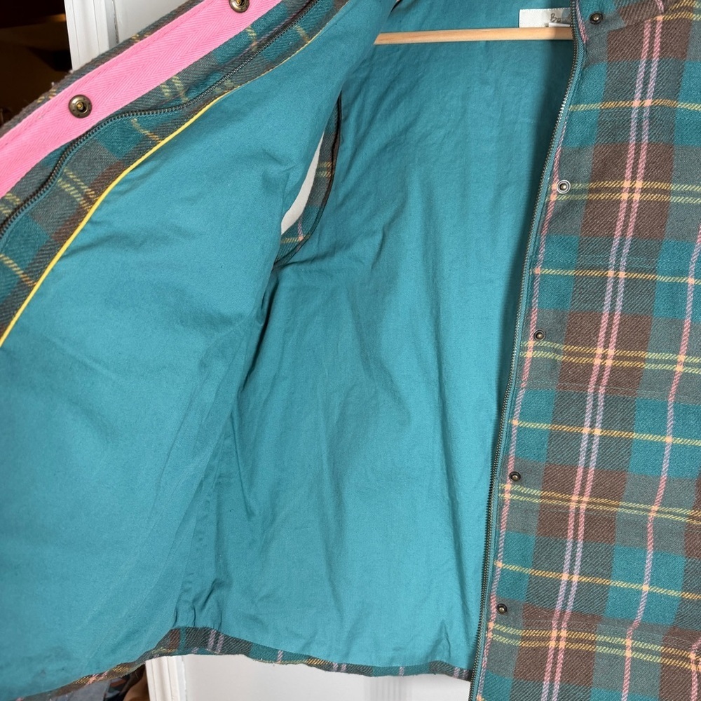 Boden Teal Brown Pink Yellow Plaid Pembroke Hooded Puffer Vest Size 16 - Picture 9 of 16